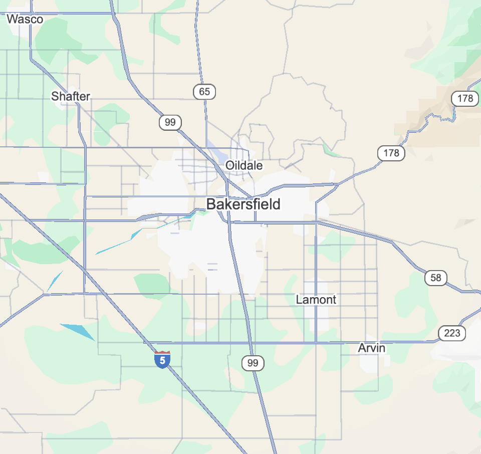 Map showing Armstrong Pro Roofing service area in Bakersfield and Kern County, California